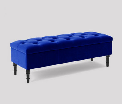 Alyana Ottoman bench with Storage and Turned Wooden Legs, 120cm Wide Ottoman Box - Sapphire Blue Plush Velvet