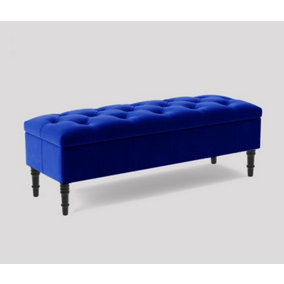 Alyana Ottoman bench with Storage and Turned Wooden Legs, 120cm Wide Ottoman Box - Sapphire Blue Plush Velvet