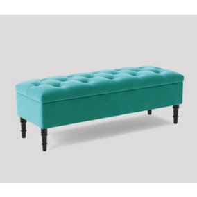Alyana Ottoman bench with Storage and Turned Wooden Legs, 120cm Wide Ottoman Box - Teal Plush Velvet
