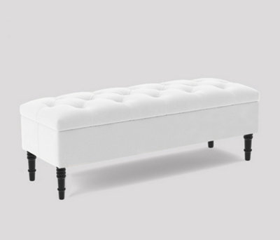 Alyana Ottoman bench with Storage and Turned Wooden Legs, 120cm Wide Ottoman Box - White Plush Velvet