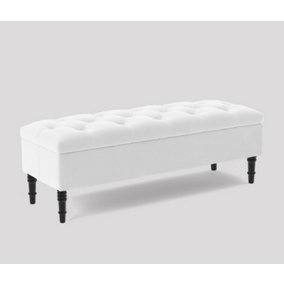 Alyana Ottoman bench with Storage and Turned Wooden Legs, 120cm Wide Ottoman Box - White Plush Velvet