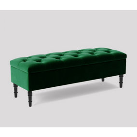 Alyana Ottoman bench with Storage and Turned Wooden Legs. 137cm Wide Ottoman Box - Forest Green Plush Velvet