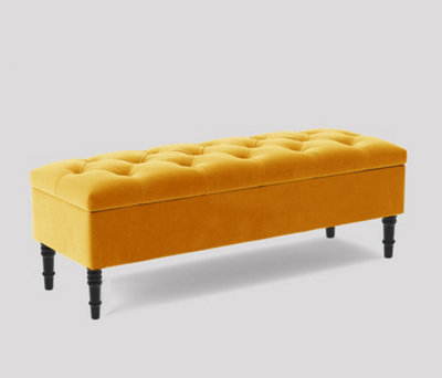 Alyana Ottoman bench with Storage and Turned Wooden Legs. 137cm Wide Ottoman Box - Mustard Plush Velvet