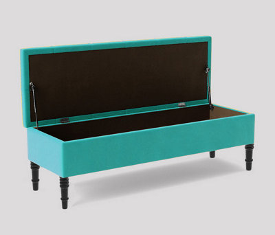 Alyana Ottoman bench with Storage and Turned Wooden Legs. 150cm Wide Ottoman Box - Teal Plush Velvet