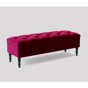 Alyana Ottoman bench with Storage and Turned Wooden Legs, 180cm Wide Ottoman Box - Claret Red Plush Velvet