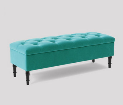 Alyana Ottoman bench with Storage and Turned Wooden Legs, 180cm Wide Ottoman Box - Teal Plush Velvet