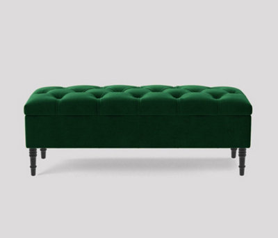 Alyana Ottoman bench with Storage and Turned Wooden Legs, 90cm Wide Ottoman Box - Forest Green Plush Velvet