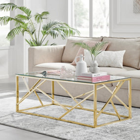 Amalfi Gold Chrome Metal Coffee Table - Rectangular Clear Glass & Gold Table - Abstract Pattern - Sleek, Chic, Bright & Airy