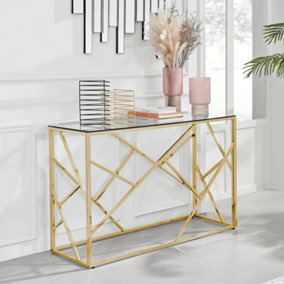 Amalfi Gold Chrome Metal Console Table - Rectangular Clear Glass & Gold Table - Abstract Pattern - Sleek, Chic, Bright & Airy