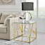 Amalfi Gold Chrome Metal Side Table - Square Clear Glass & Gold Chrome Table - Abstract Pattern - Sleek, Chic, Bright & Airy