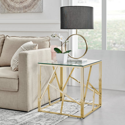 Amalfi Gold Chrome Metal Side Table Square Clear Glass Gold Chrome Table Abstract Pattern Sleek