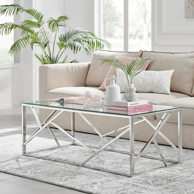 Amalfi Silver Chrome Metal Coffee Table - Rectangular Clear Glass & Silver Table - Abstract Pattern - Sleek, Chic, Bright & Airy