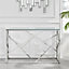 Amalfi Silver Chrome Metal Console Table - Rectangular Clear Glass & Silver Table - Abstract Pattern - Sleek, Chic, Bright & Airy