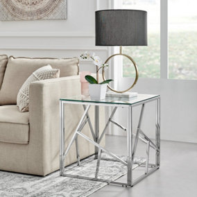 Amalfi Silver Chrome Metal Side Table - Square Clear Glass & Silver Table - Abstract Pattern - Sleek, Chic, Bright & Airy
