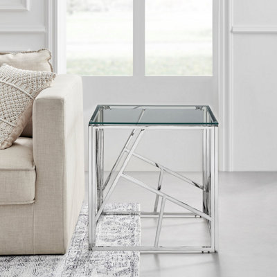 Amalfi Silver Chrome Metal Side Table Square Clear Glass Silver Table Abstract Pattern Sleek Chic