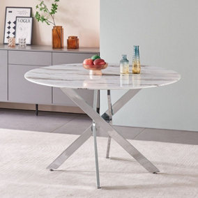 Amara 100cm Round Glass Marble Top Dining Table Silver Legs