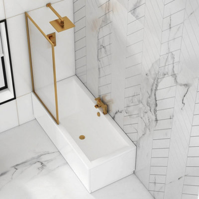 Amaze 1700 x 700mm Acrylic Square Edged Double Ended Gloss White Straight Bath with Brushed Brass Framed Fluted Screen