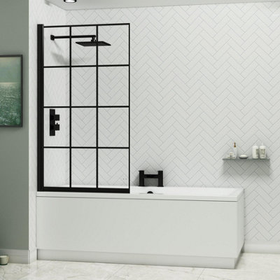 Amaze 1700 x 700mm Acrylic Square Edged Double Ended Gloss White Straight Bathtub with Matt Black Square Grid Screen