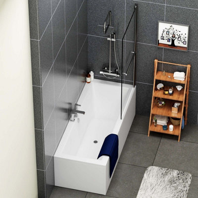 Amaze 1700 x 700mm Acrylic Square Edged Double Ended White Straight Bath Square Screen with Towel Rail & Front,End Panel