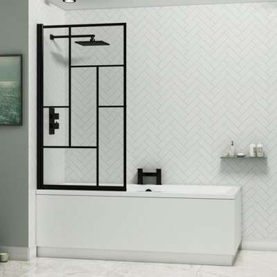Amaze 1700 x 750mm Acrylic Square Edged Double Ended Gloss White Straight Bathtub with Matt Black Abstract Grid Screen