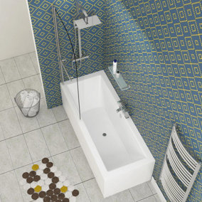 Amaze 1700 x 750mm Acrylic Square Edged Double Ended White Straight Bath Curved Screen with Towel Rail & Front Panel