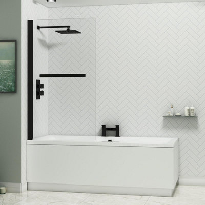 Amaze 1700 x 750mm Acrylic Square Edged Double Ended White Straight Bath with Matt Black Wall Profile Screen & Rail