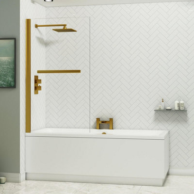 Amaze 1800 x 800mm Acrylic Square Edged Double Ended White Straight Bath with Brushed Brass Wall Profile Screen & Rail