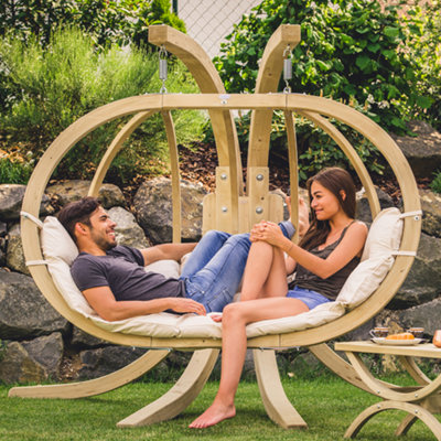 Amazonas Globo Double 2 Seat/Person Wooden Hanging Egg Chair With Agora Fabric Weatherproof Cushion - Natura
