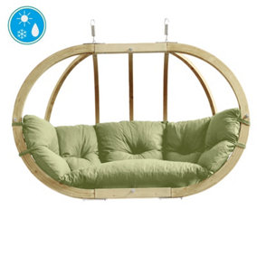 Amazonas Globo Double 2 Seat/Person Wooden Hanging Egg Chair With Agora Fabric Weatherproof Cushion - Oliva