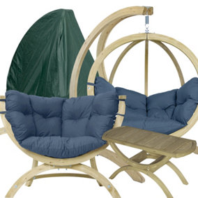 Amazonas Globo Single 1 Seat/Person Wooden Hanging Egg Chair With Stand, Rain Cover,Siena Uno Chair & Side Table - Brisa