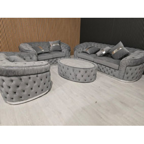 Ambassador 3 Seater and 2 Seater and 1 Seater Coffee Table Set Sofa Grey and Chrome Accents
