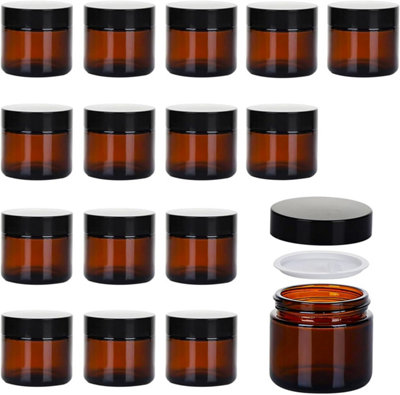 Amber Glass Cosmetic Jars 16 Pack 60ml Stylish Travel Pots with Screw Lids & White Liners for Creams Lotions & Essential Oils
