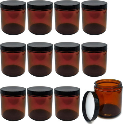 Amber Glass Jars - 12 Pack (240ml) Glass Jars with Lids - Brown Travel Cosmetic Containers with Inner Liner, Spatula and Lid