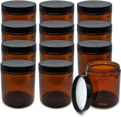 Amber Glass Jars - 12 Pack (240ml) with Lids Brown Travel Cosmetic Containers with Inner Liner, Spatula, and Lid - UV Protected