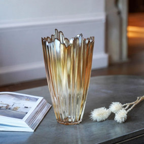 Amber Rippled Glass Vase H25Cm W14.5Cm
