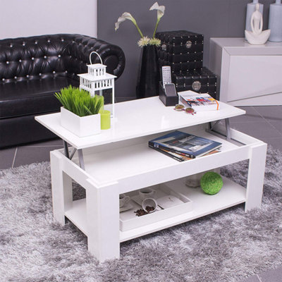 AMBIT Lift-Up Storage Coffee Table with Shelf - White (H)43cm (W)102cm (D)50cm