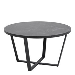 Amble Round Coffee Table with Black Marble Melamine Top & Black Legs