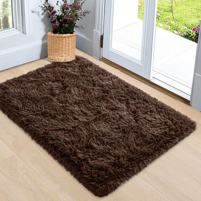 Ameha Brown Shaggy Door Mat 50x80 cm for Bedroom Non Slip Soft
