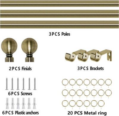 Ameha Curtain Metal Pole Extendable Curtain Rod,60mm Ball Finials, Ring ...