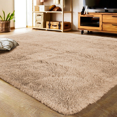Ameha Large Bedroom Shaggy Rug Thick Pile Large Area Living Room Beige ...