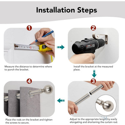 Ameha Plain Curtain Metal Pole 160-300cm Extendable Curtain Rods 60 mm Finials,Rings,Brackets&Fitting Set (Brushed Silver)