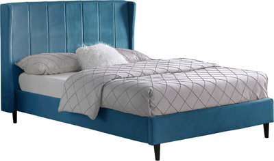 Amelia 5ft King Size Bed in Blue Velvet Fabric with elegant winged headboard