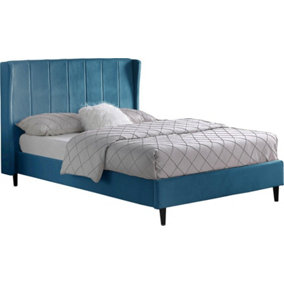 Amelia 5ft King Size Bed in Blue Velvet Fabric with elegant winged headboard