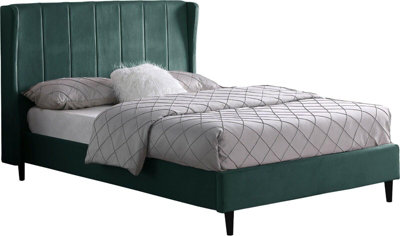 Amelia 5ft King Size Bed in Green Velvet Fabric with elegant winged headboard