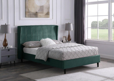 Amelia 5ft King Size Bed in Green Velvet Fabric with elegant winged headboard