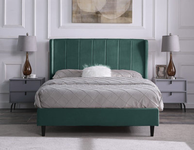 Amelia 5ft King Size Bed in Green Velvet Fabric with elegant winged headboard