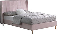Amelia 5ft King Size Bed in Pink Velvet Fabric with elegant winged headboard