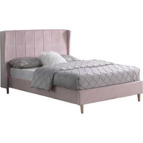 Amelia 5ft King Size Bed in Pink Velvet Fabric with elegant winged headboard