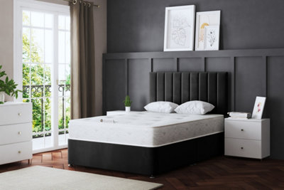 Amelia Black Upholstered Panel Divan Bed with Headboard Double