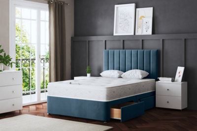 Amelia Blue Upholstered Panel Divan Bed with Headboard and Two Drawers Double